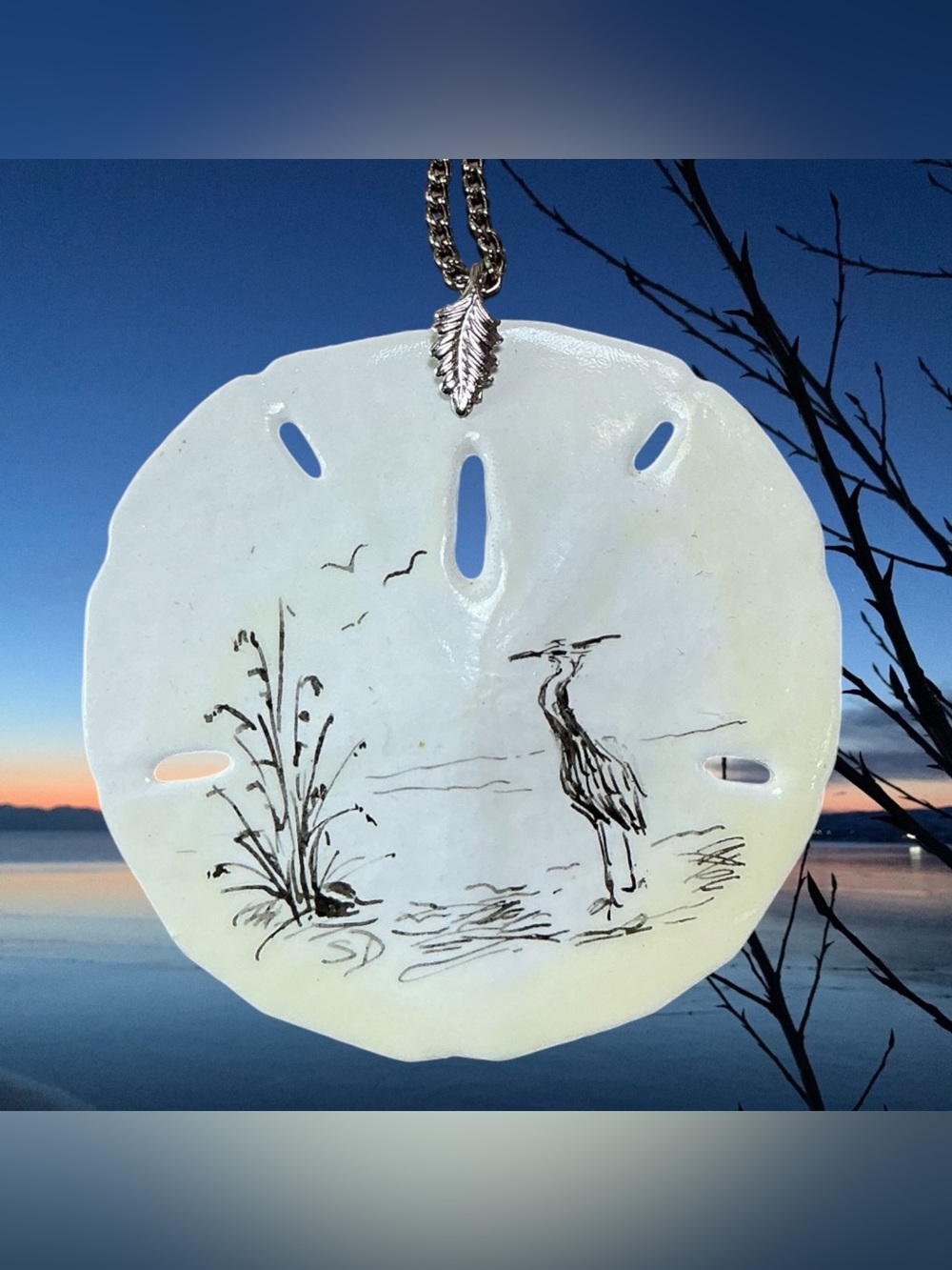 Artist Signed Hand Ink Etching Real Sand Dollar 24” Necklace Heron Crane Seabird